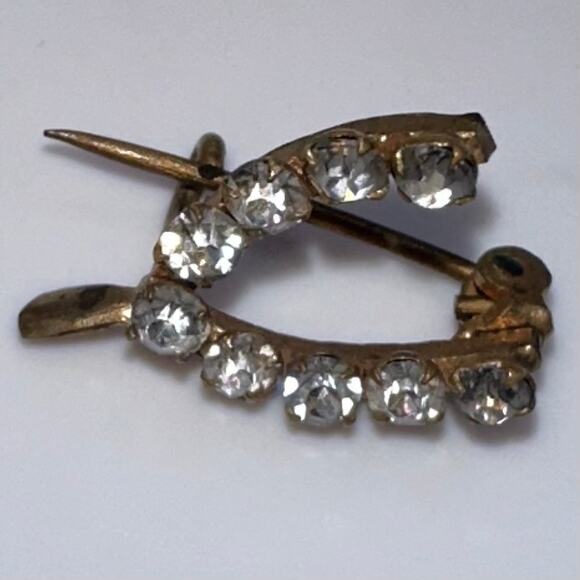 Antique Victorian gold gilt clear glass paste rhinestones dainty wishbone brooch - Picture 2 of 8